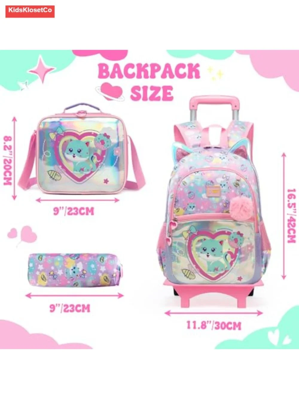 Kids Rolling Backpack with Lunch Box, Wheeled Backpack for School, Polyester